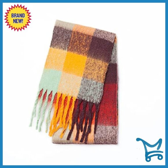 MININAI Women Chunky Plaid Scarf Oversized Big Grid Tassel  Oversized Chunky Plaid Scarf Soft Thick Warm Shawl Winter Wrap